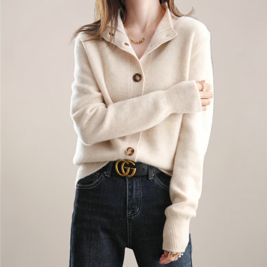 Fashionable women's spring knitwear: a versatile, lightweight collared button-front cardigan.
