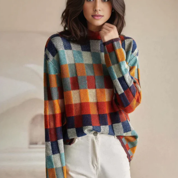 Women's color block check knitted sweater, a stylish and comfortable long sleeve top for winter fashion.