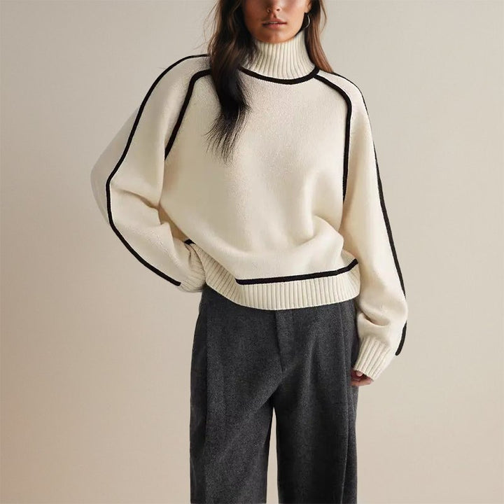 Casual women's color block turtleneck sweater, a comfortable and warm longsleeve knit.