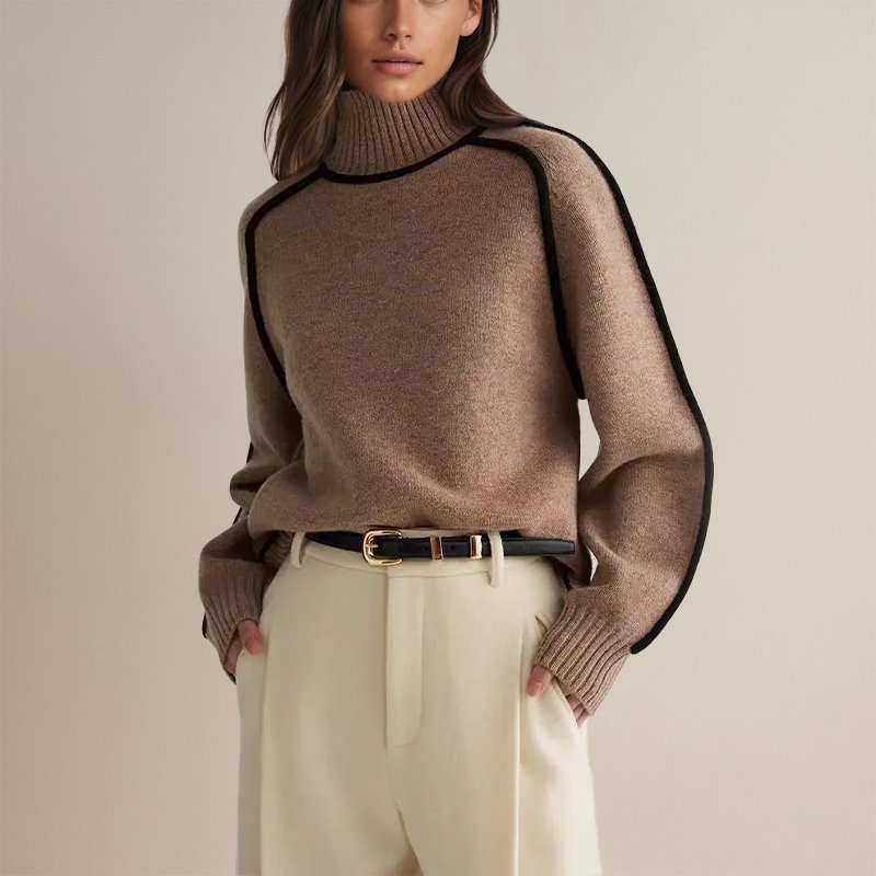 Trendy color block turtleneck sweater for women, suitable for everyday wear and winter outfits.