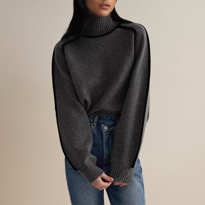 Warm knit color block turtleneck sweater for women, great for layering during the colder months.
