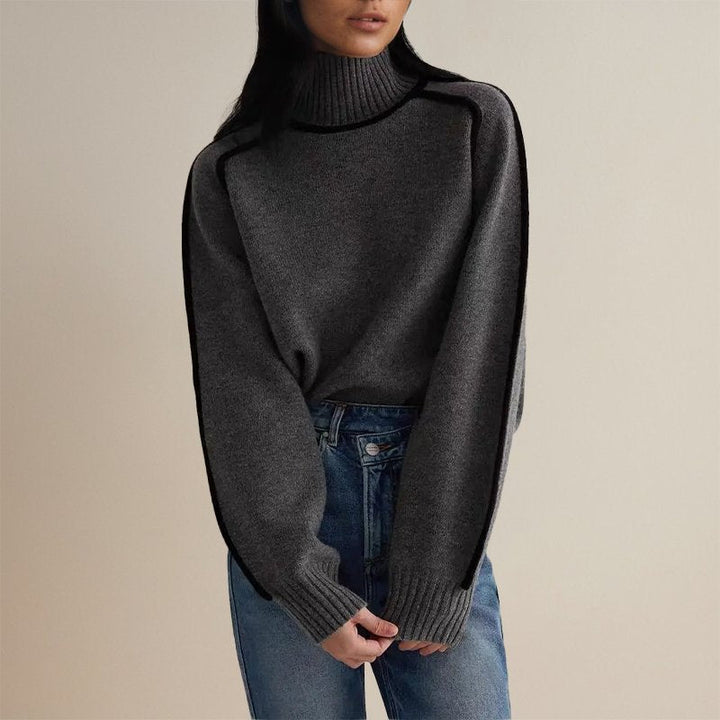 Warm knit color block turtleneck sweater for women, great for layering during the colder months.
