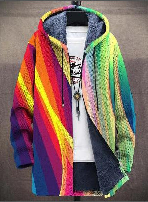 Casual oversized women's cardigan sweater featuring a vibrant abstract art print design