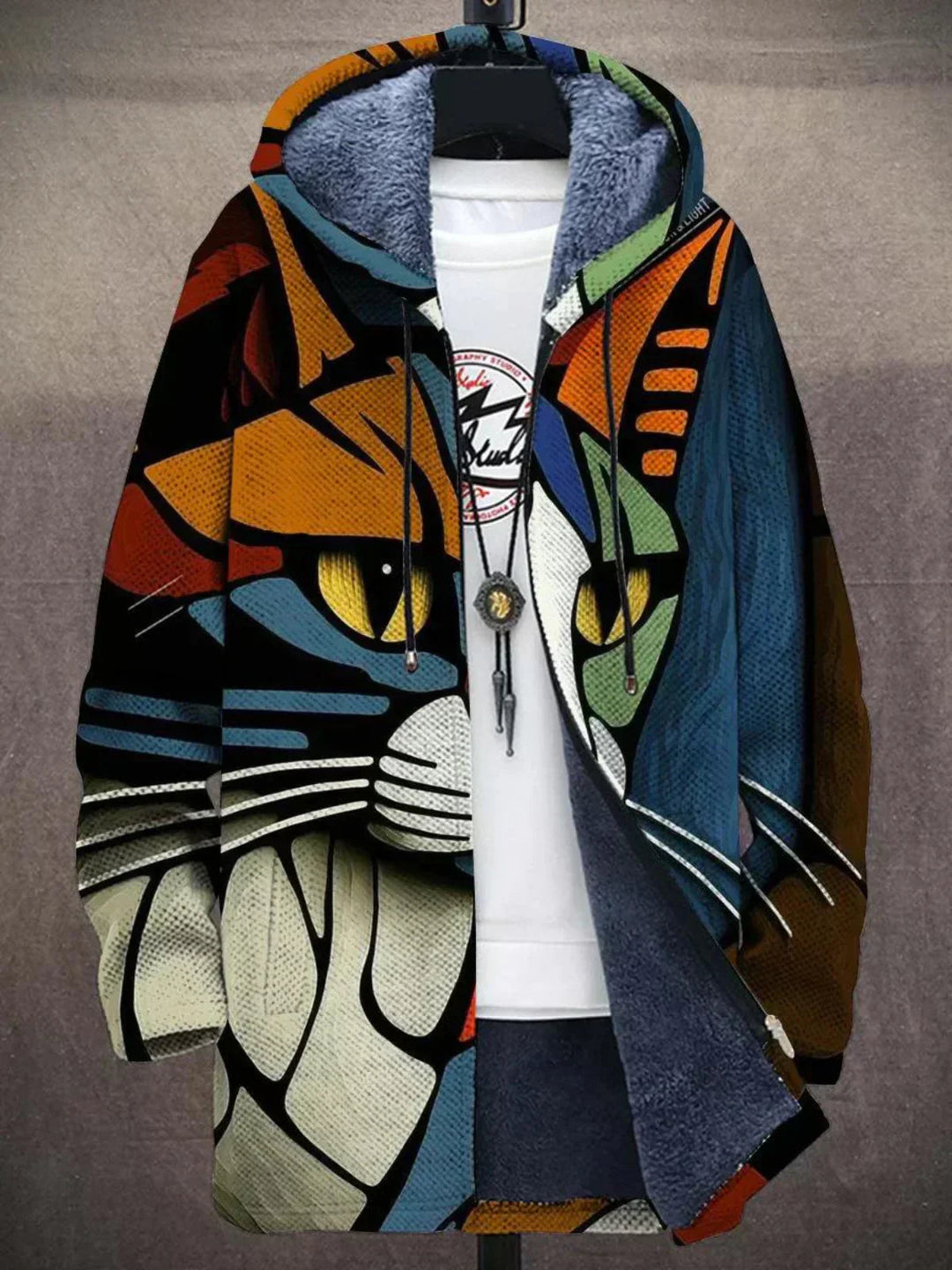 Zippered women's abstract art print cardigan sweater, perfect for a casual and cozy look