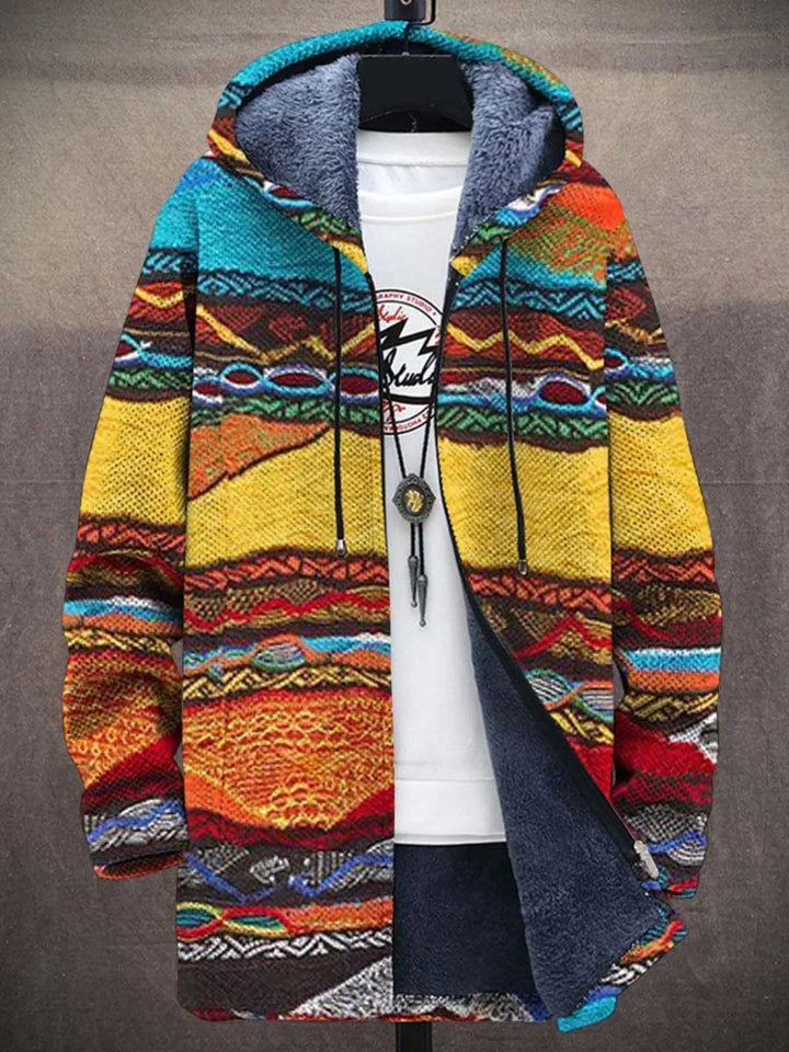 Colorful abstract print oversized cardigan sweater for women, soft knitwear with a front zipper
