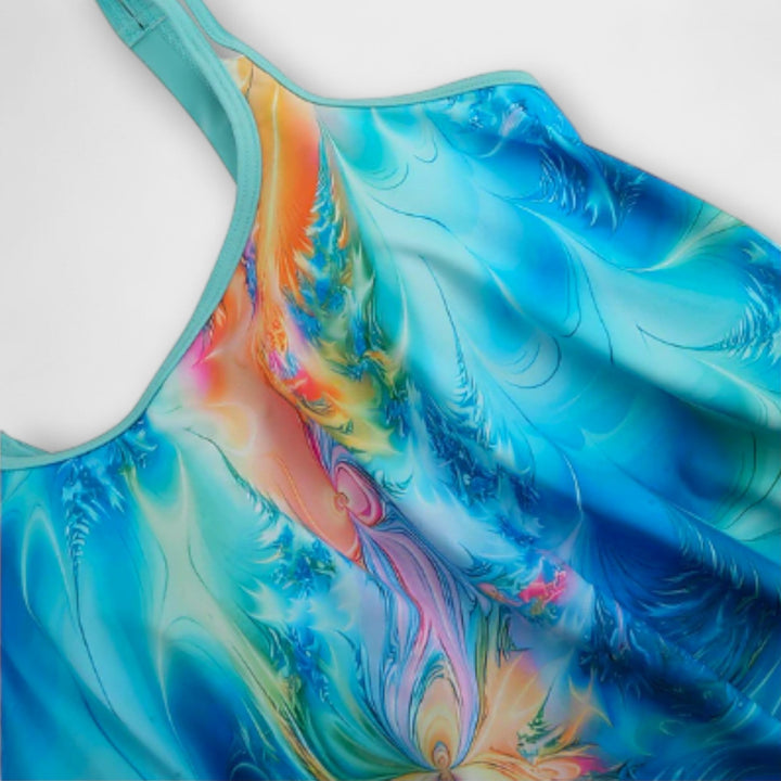 Stylish two-piece tankini swimsuit for women, featuring a beautiful colorful printed design.