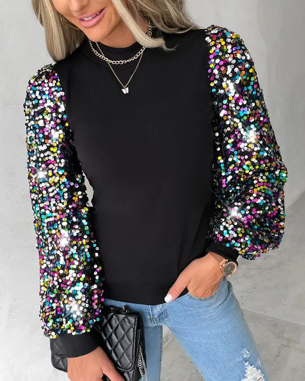 Elegant women's colourful lantern sleeve blouse featuring stylish contrast panels and sequin details, O-neck design.