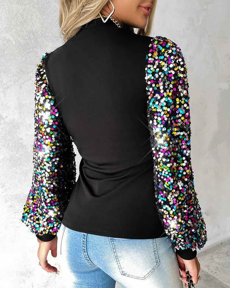 Chic women's colourful blouse: a smart casual statement piece with elegant balloon sleeves & bold contrast panels.