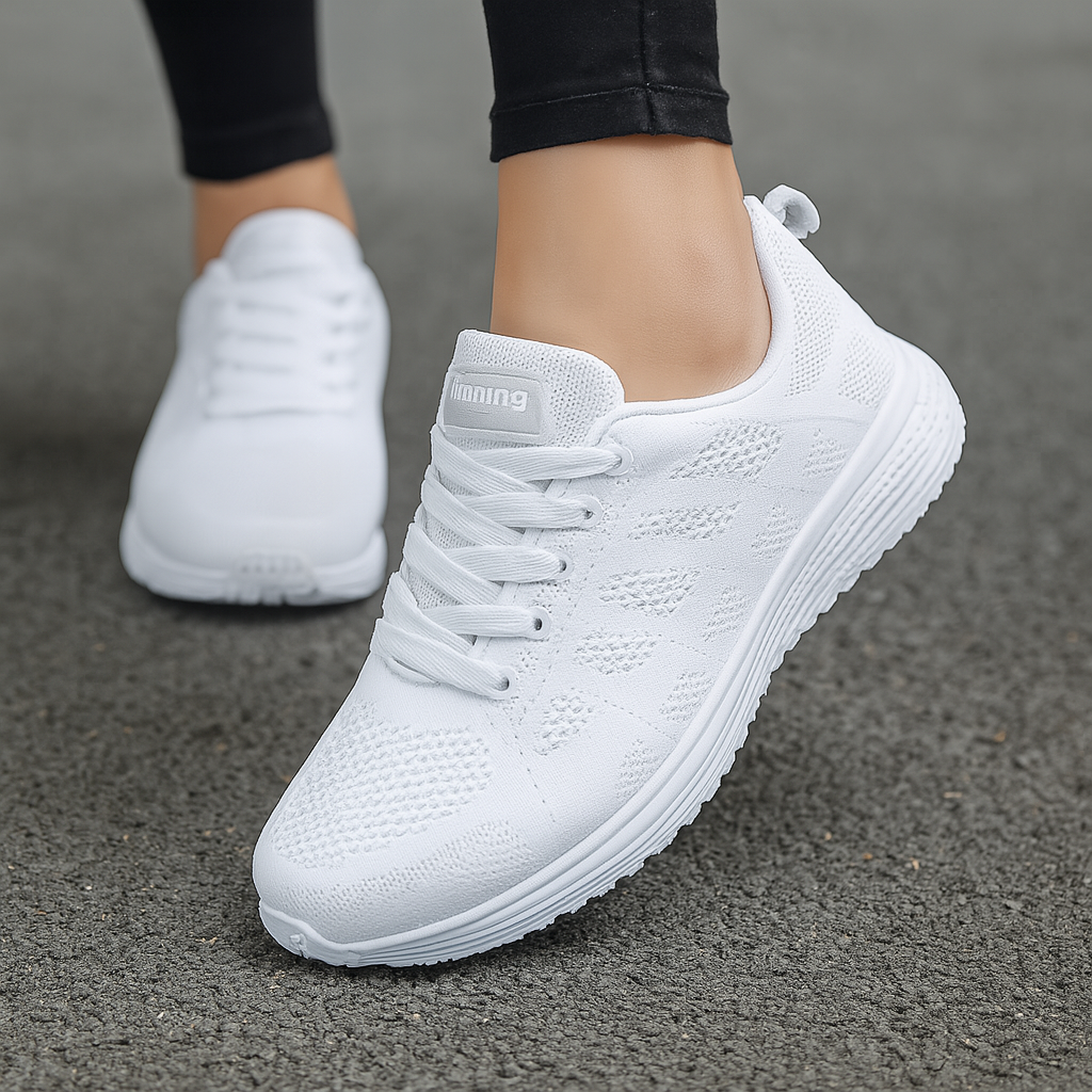 Lightweight women's comfort footwear, black and white athletic sneakers with strong arch support.