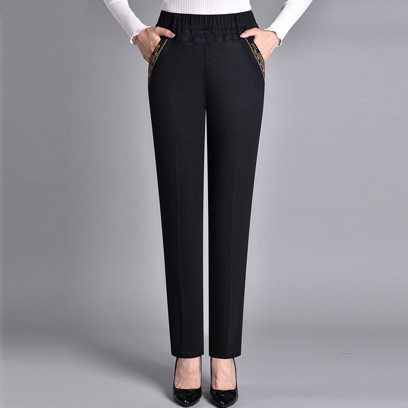Full shot of women wearing comfort-fit straight leg jeans, showcasing the casual and relaxed fit.