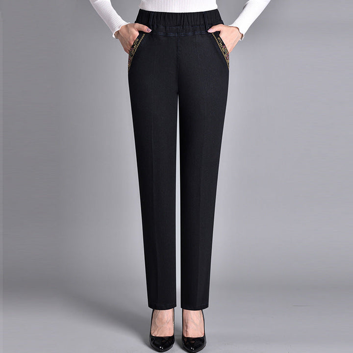 Full shot of women wearing comfort-fit straight leg jeans, showcasing the casual and relaxed fit.