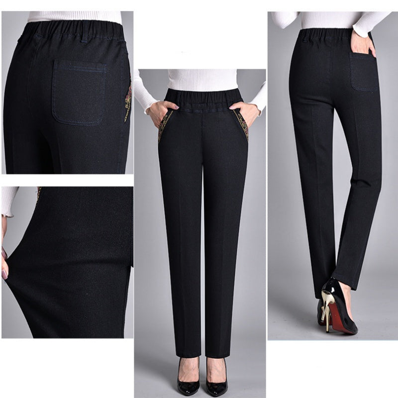 Stylish women's jeans with an elastic waistband and straight leg, ideal for everyday casual wear.