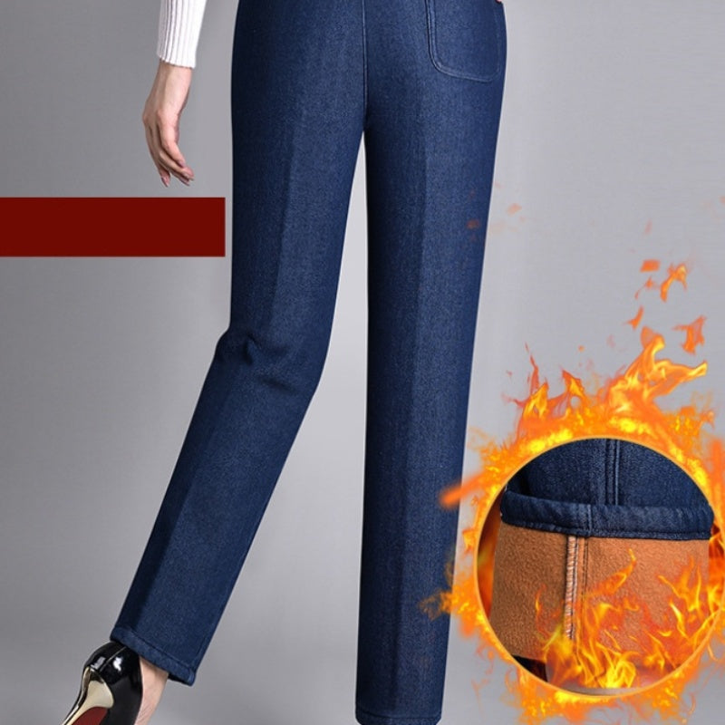 Front view of women's comfortable straight leg jeans with an elastic waistband, great for everyday fashion.