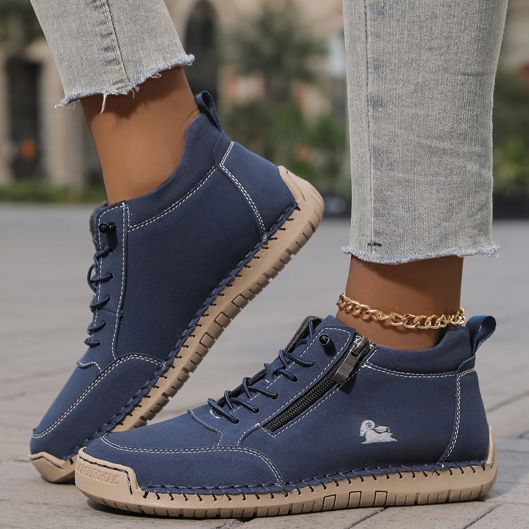 Lifestyle image of women's zip-up walking shoes, perfect for busy women on the go.