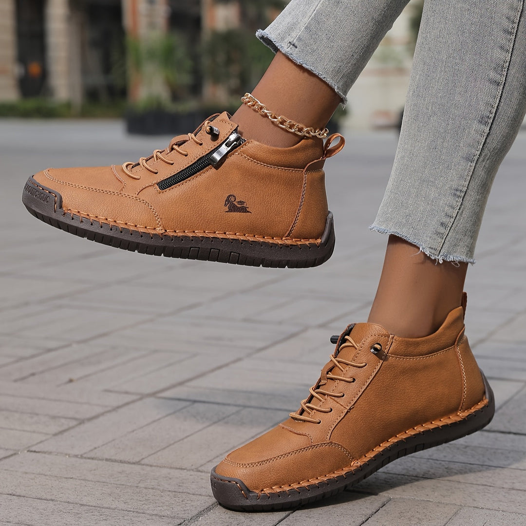 Side view of women's comfort zip-up sneakers, highlighting low-top design and athletic style.
