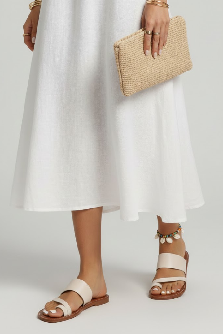 Women's tan slip-on flat sandals with adjustable buckles, perfect for beach and everyday