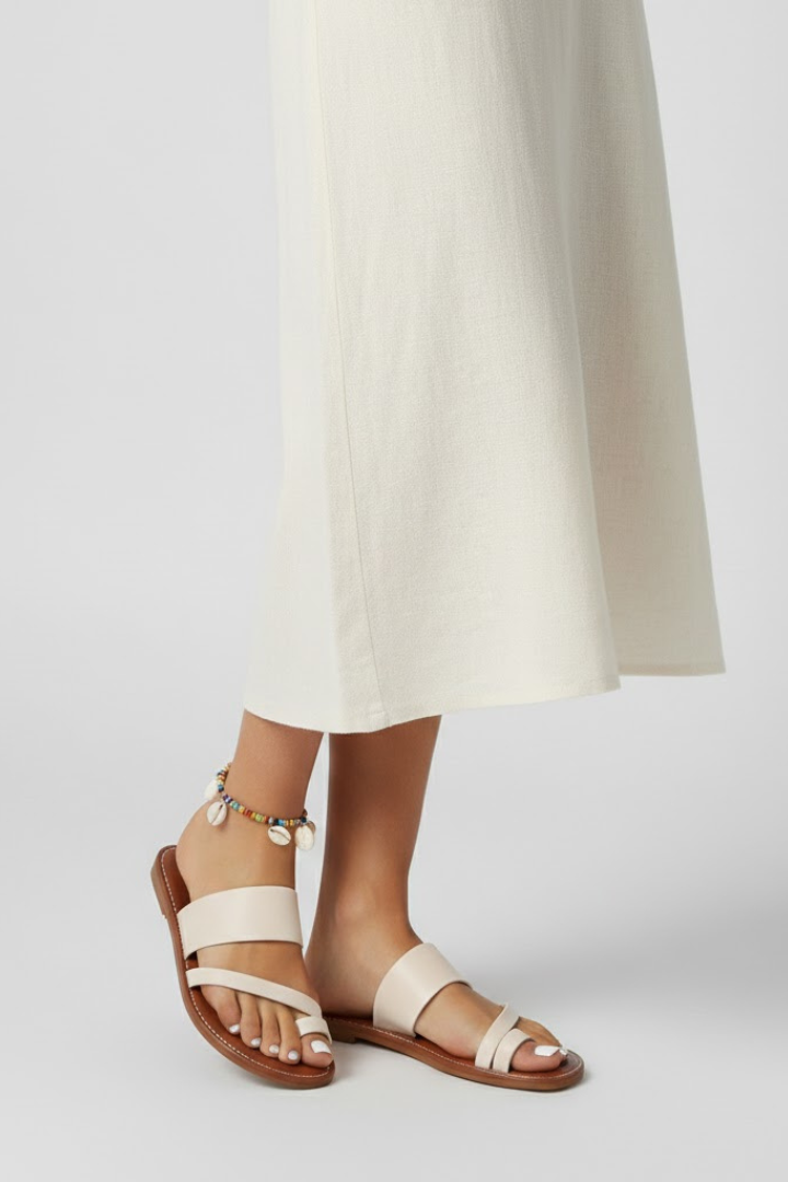 Close-up of women's open-toe buckle strap sandals, highlighting comfortable design