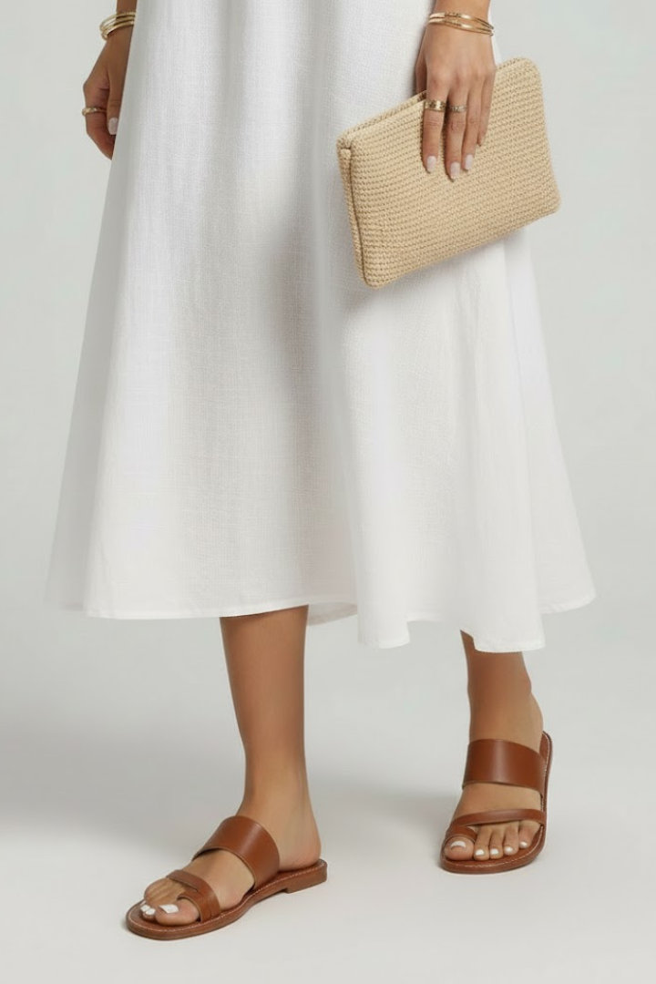 Front view of women's comfortable open-toe slip-on sandals with two buckle straps