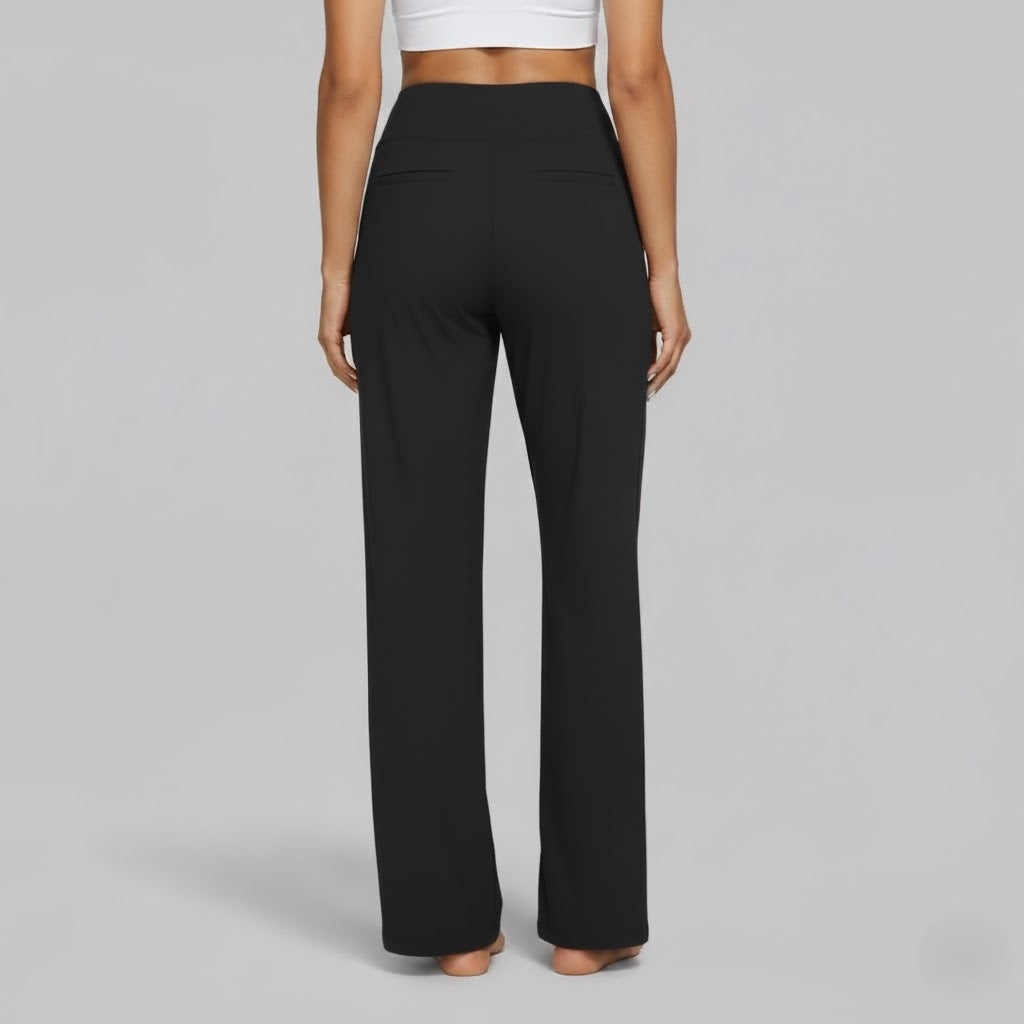 Woman walking in comfortable brown stretch pants, perfect for active casual wear.