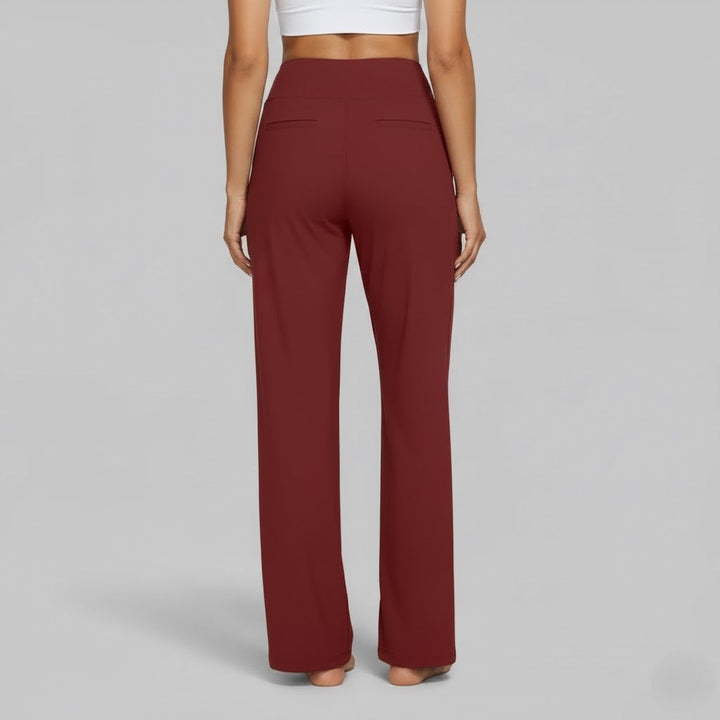 Stylish woman in olive green stretch pants, a comfortable and fashionable choice for daily wear.