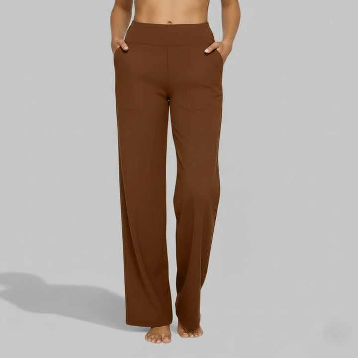 Comfortable women's beige stretch pants, a versatile and essential piece for daily outfits.