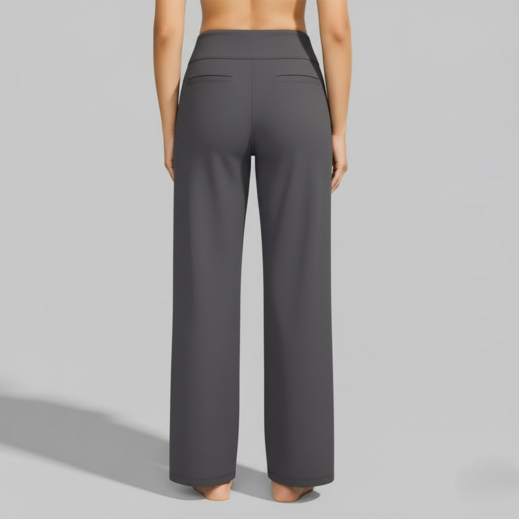Full-length navy blue women's stretch pants, offering a comfortable fit for active individuals.