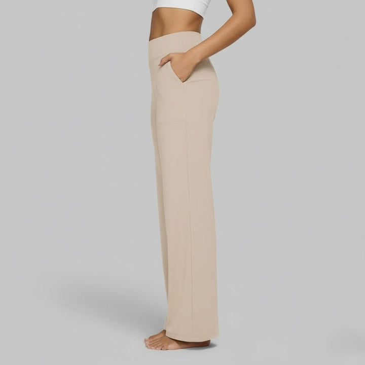 Stylish women's beige stretch pants, designed for everyday comfort and fashion flexibility.
