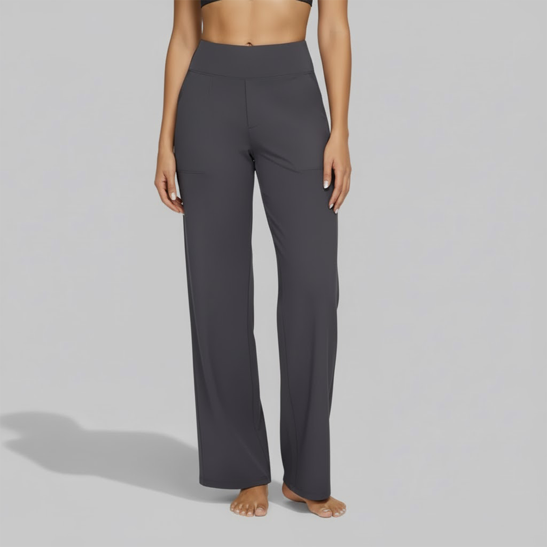 Pair of folded women's navy stretch pants, showcasing soft fabric and ready for everyday use.