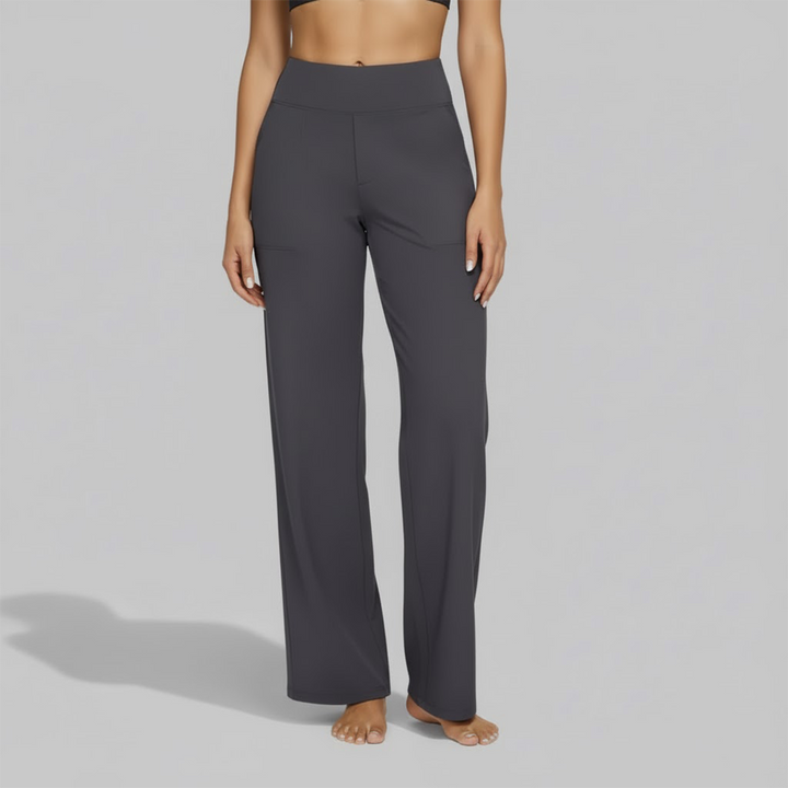Pair of folded women's navy stretch pants, showcasing soft fabric and ready for everyday use.