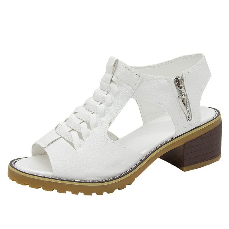 Elegant women's block heel sandals in beige, black or white, with woven upper & zip, ideal for casual summer wear.