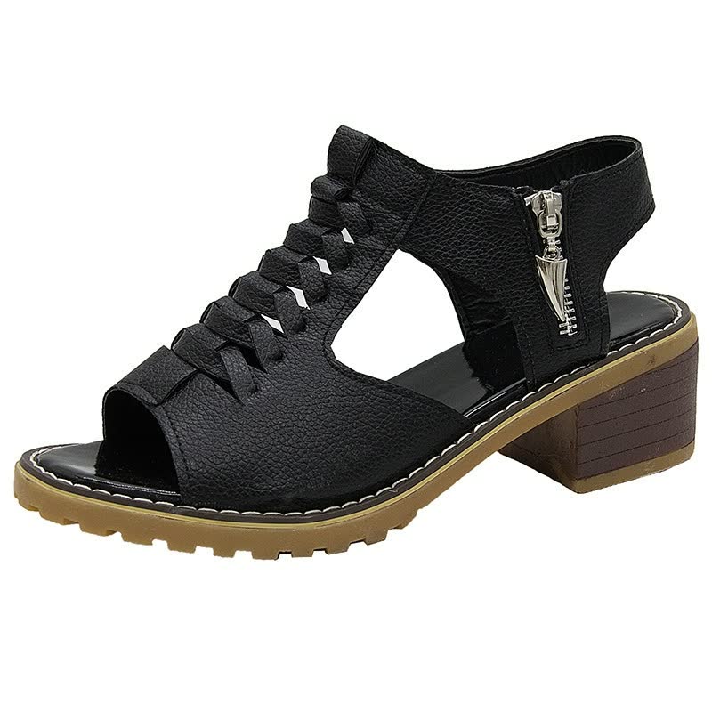 Chic women's low block heel sandals featuring a trendy woven upper and easy zip closure, essential summer footwear.