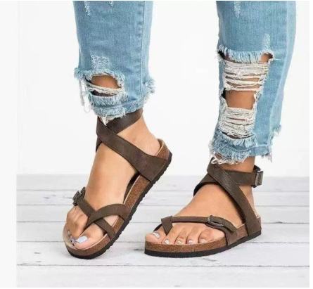 Women's comfortable brown flat strap sandals, perfect for casual everyday wear in spring and summer.