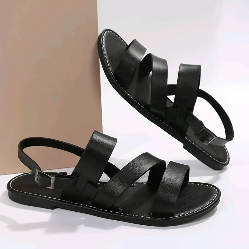 Stylish women's open-toe flat sandals, three-strap design provides comfort for beach, holiday, and casual wear.