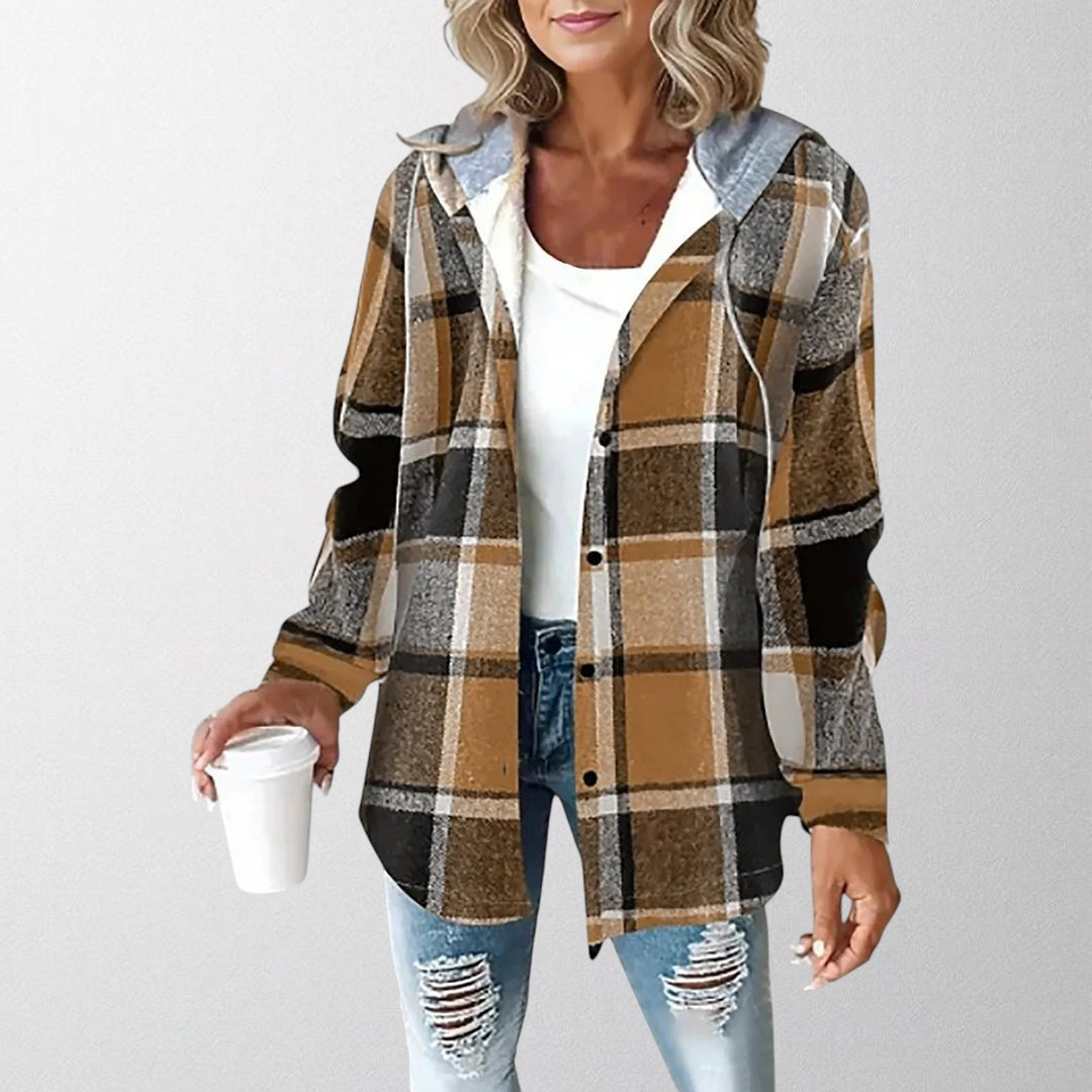 Stylish women's hooded everyday jacket in a neutral color, perfect for fall fashion.