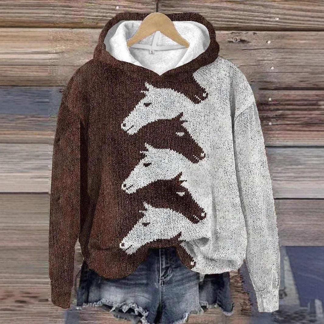 Women's comfortable hoodie with a stylish horse pattern, perfect for casual wear & everyday fashion.