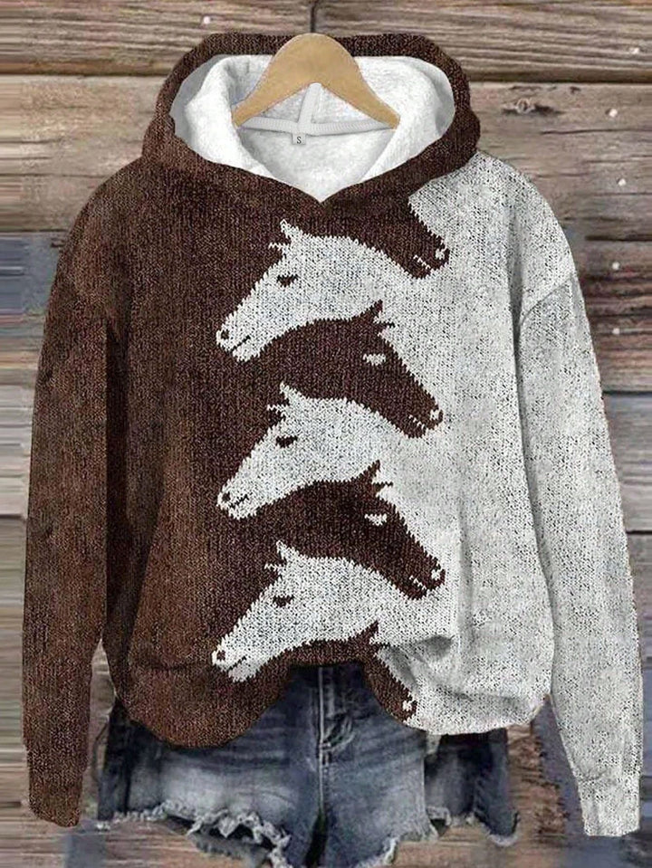 Stylish women's horse pattern hoodie, a cozy pullover for equestrian style & comfort wear.