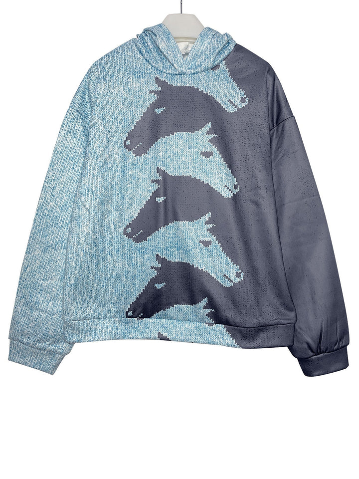 Graphic horse print women's hoodie, a comfortable long-sleeve top for casual & everyday fashion.