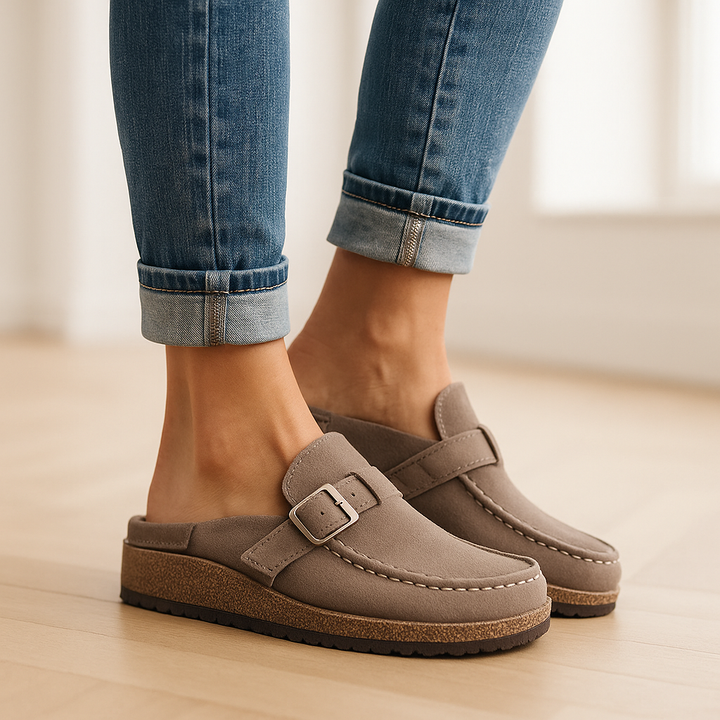 Women's comfortable khaki buckle sandals with flat sole, perfect for summer casual wear. Adjustable straps for a custom fit.