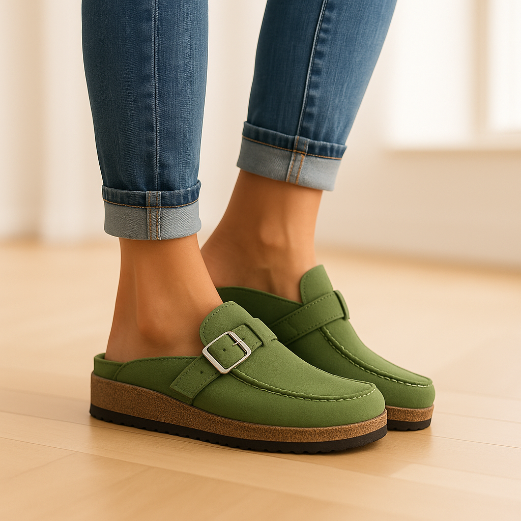 Green women's buckle sandals with flat sole and open heel, ideal comfortable summer footwear for casual and everyday outfits.