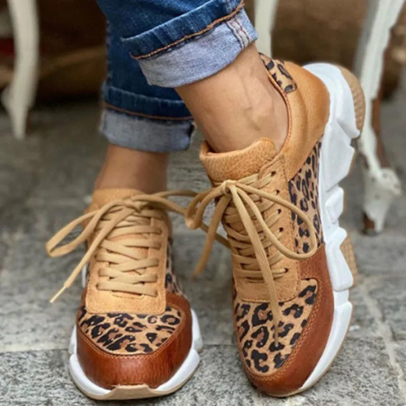 Women's comfortable leopard print fashion sneakers, lace-up casual footwear