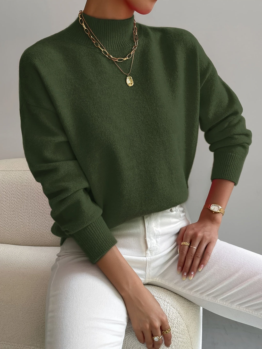 Relaxed fit women's mock neck knit sweater in an inviting spring color.