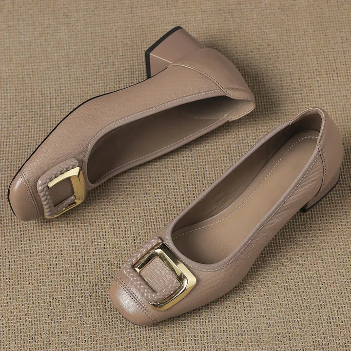 Sophisticated women's dress shoes: black comfortable low block heels with a chic square toe and decorative gold buckle