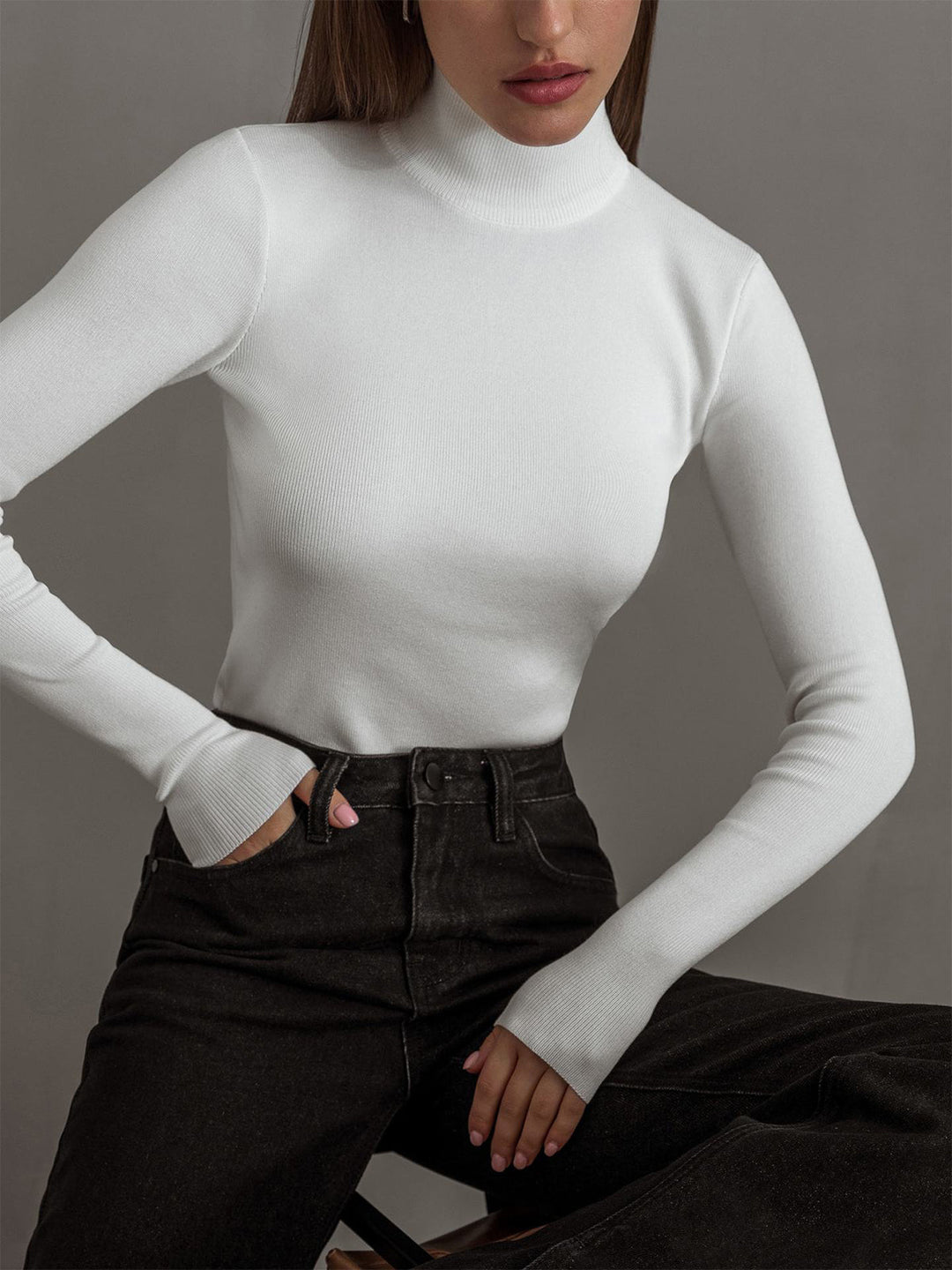 Elegant women's mock neck spring top with long sleeves, a timeless fashion statement