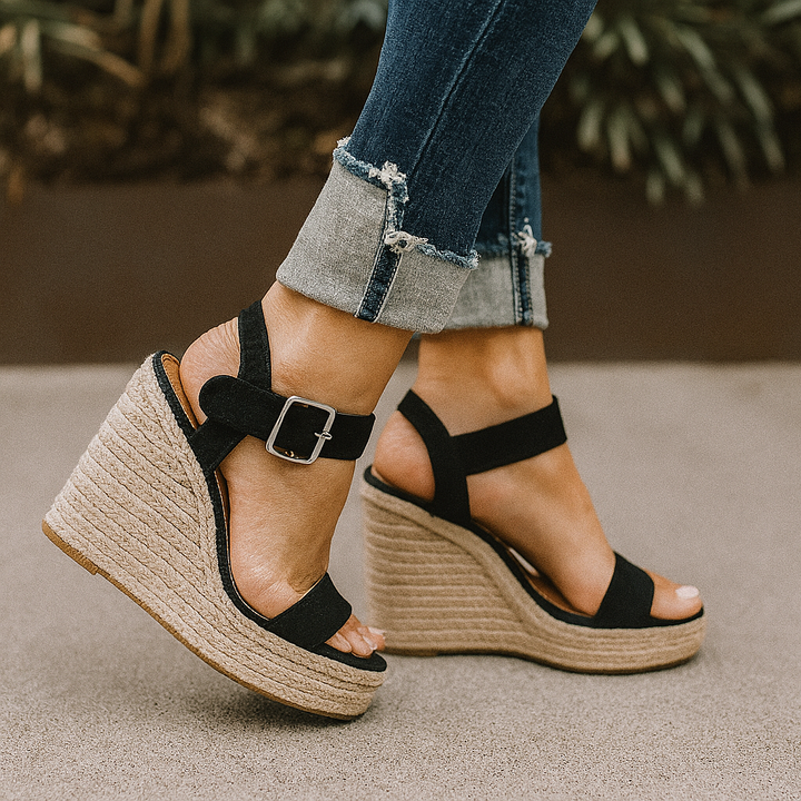 Stylish women's slip-on open toe espadrille wedge sandals with a comfortable platform heel for summer vacation.