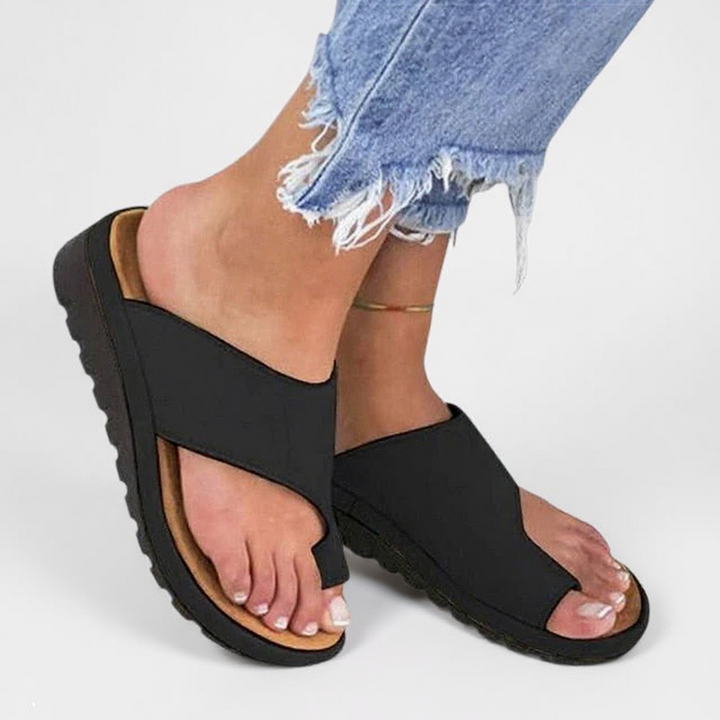 Women's comfortable orthopedic toe split sandals in tan for summer casual wear, front view.