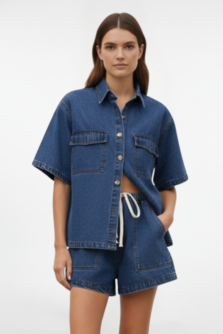 Comfortable women's short sleeve top and shorts set in a summer loungewear style