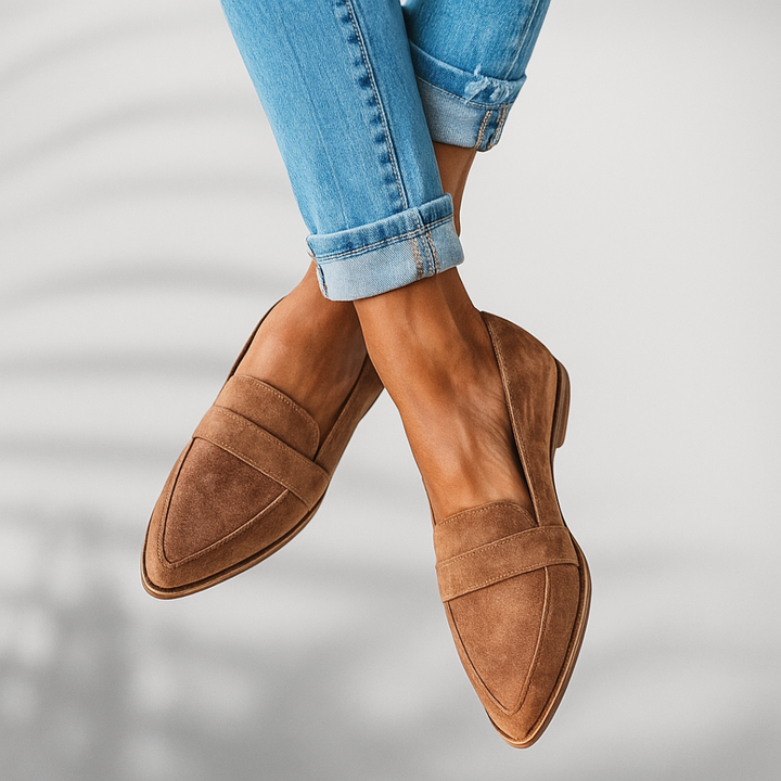 Close-up of comfortable women's loafers showing toe detail and texture