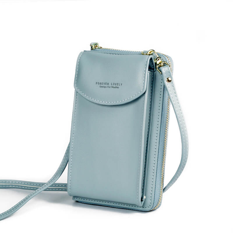 Back view of a compact women's PU leather crossbody bag, adjustable strap, minimalist design.