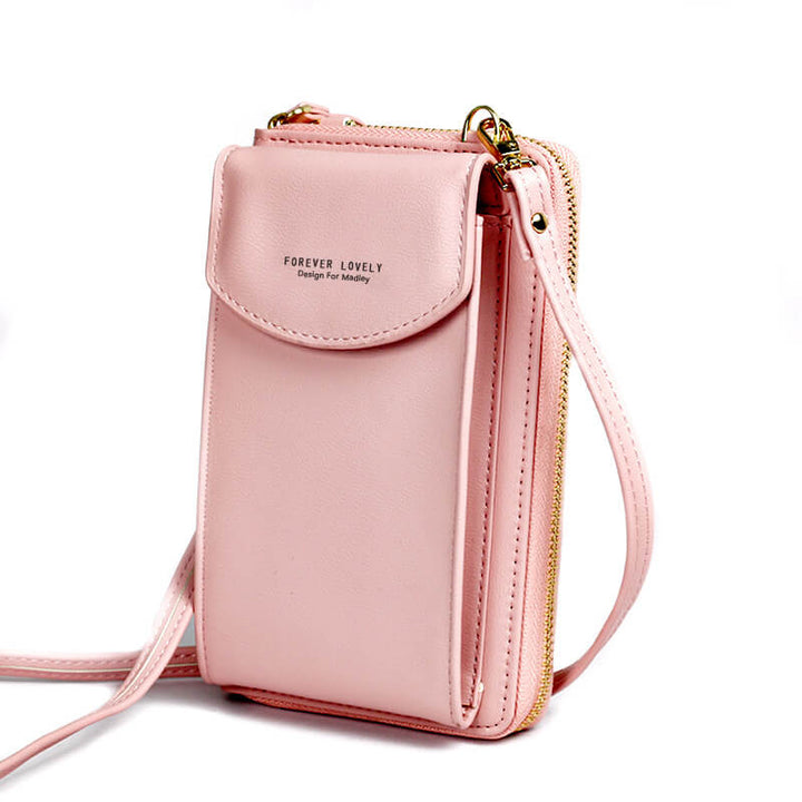 Front view of women's compact PU leather crossbody, adjustable strap, elegant small bag.