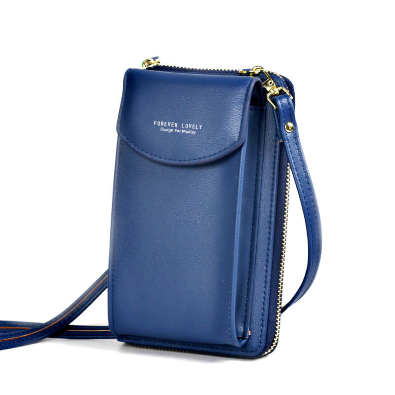 Woman wearing a compact PU leather crossbody bag, adjustable strap, stylish and practical.